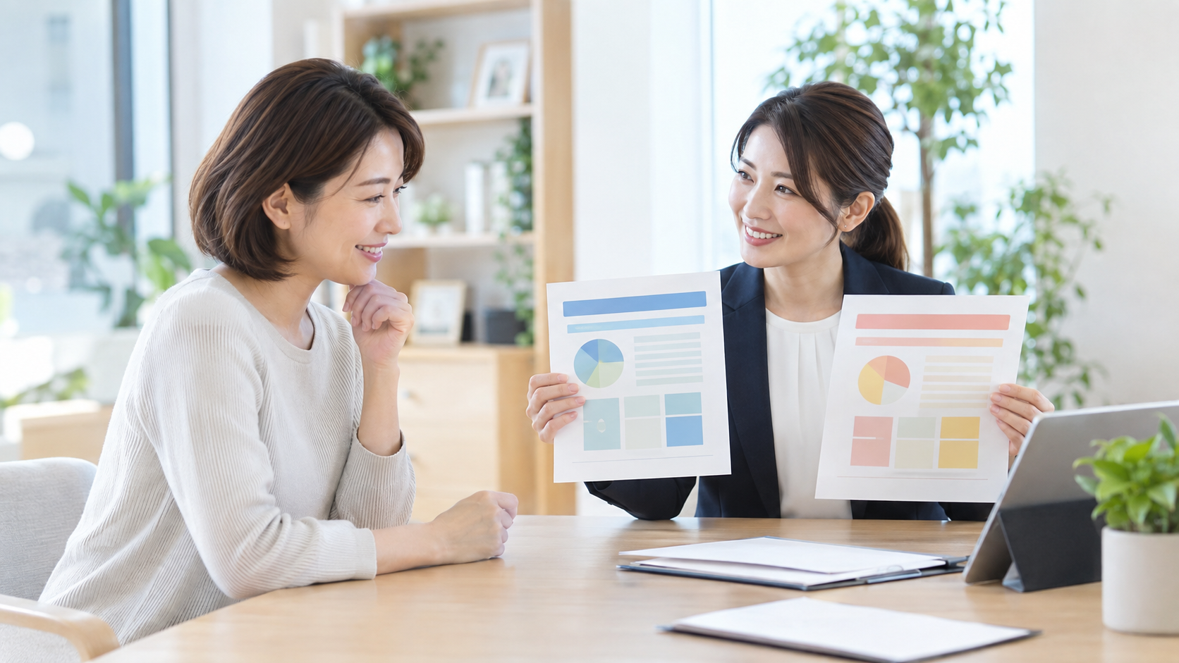 複数の保険を比較しながら相談する女性